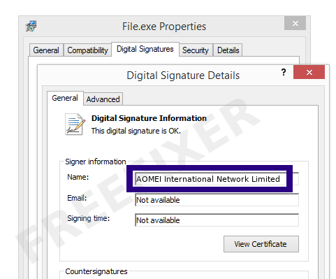Screenshot of the AOMEI International Network Limited certificate